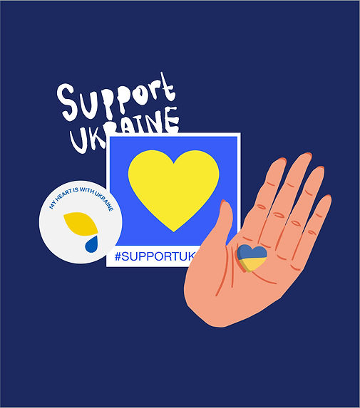 Graphic containing messages of support for Ukraine, a heart and an open palm.