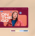 Website builder with text box reading ‘On The Go’ adjacent to a woman wearing a red jacket. Site color template bar below. 